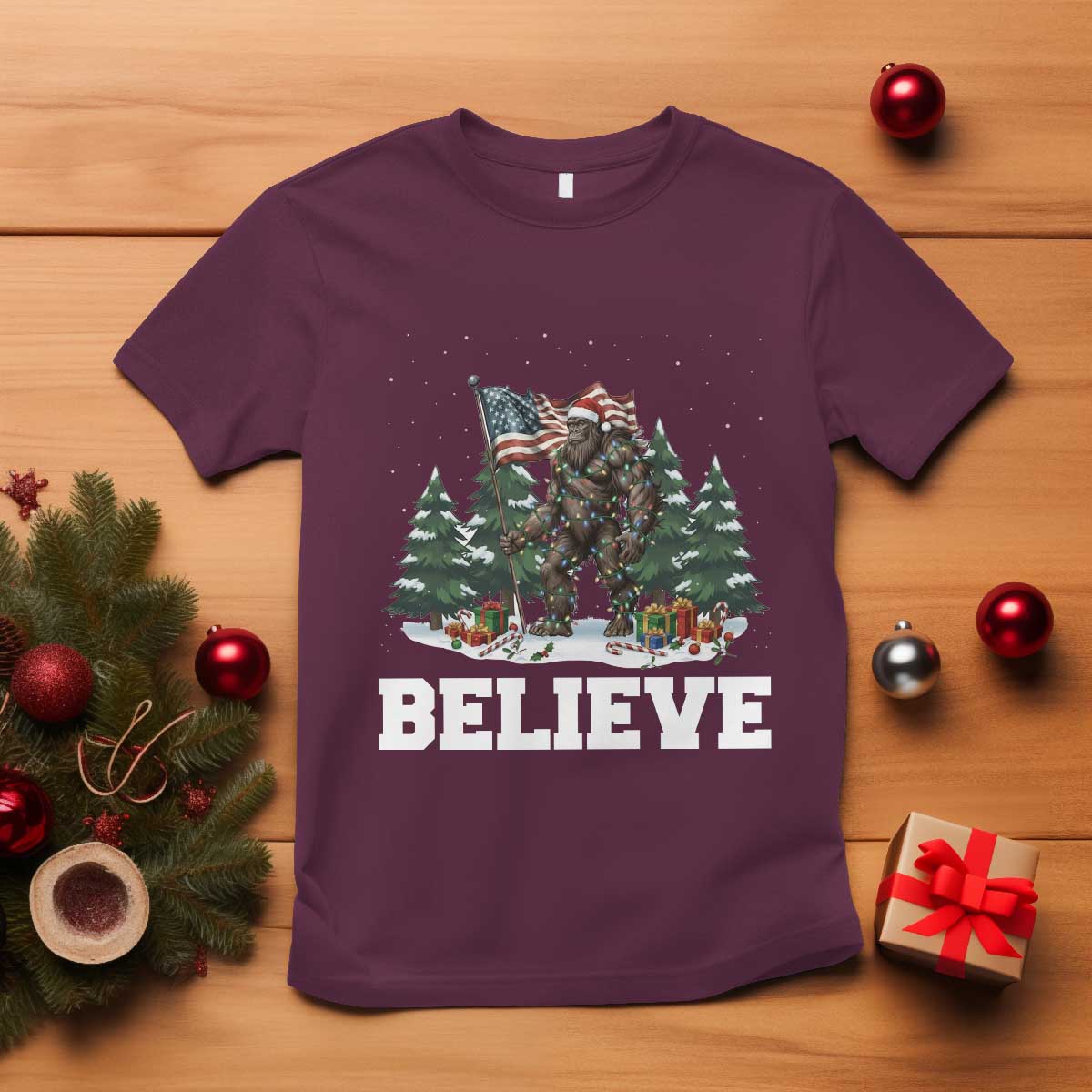 Funny Believe Bigfoot Christmas T Shirt American Flag Sasquatch Holiday Gift - Wonder Print Shop