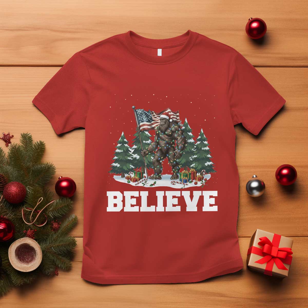 Funny Believe Bigfoot Christmas T Shirt American Flag Sasquatch Holiday Gift - Wonder Print Shop