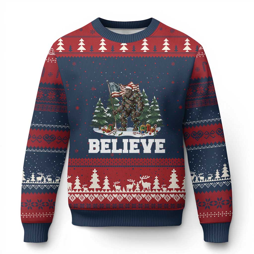 Funny Believe Bigfoot Xmas Ugly Christmas Sweater American Flag Sasquatch Holiday Gift - Wonder Print Shop