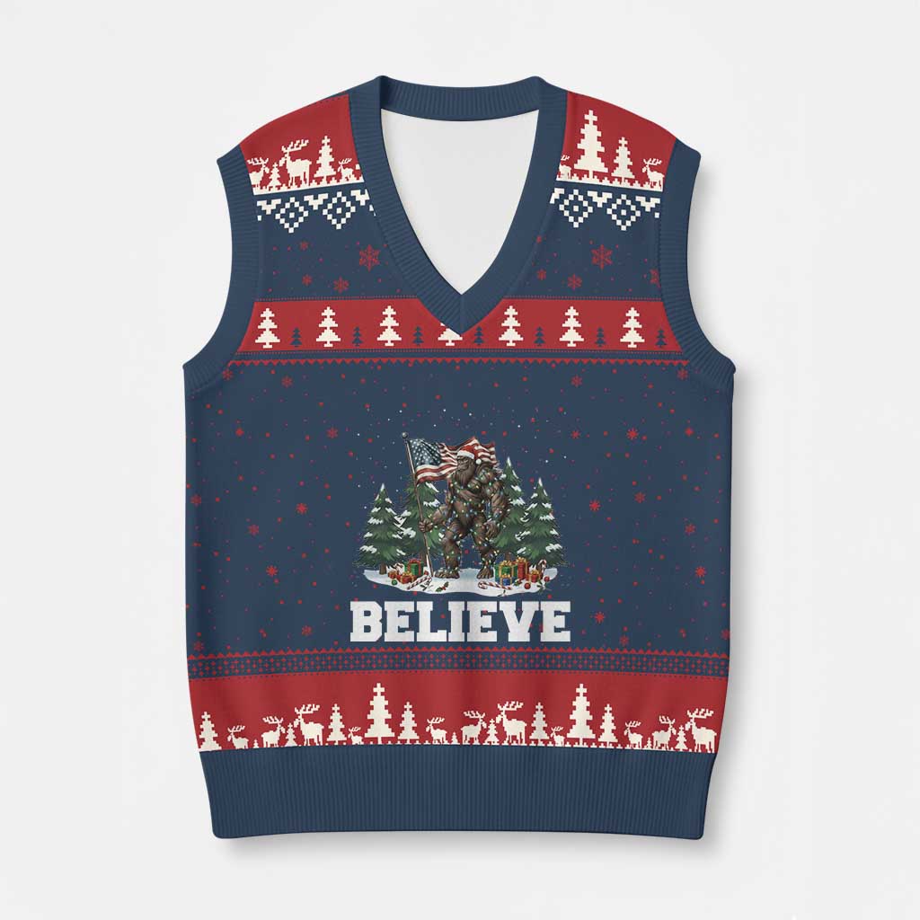 Funny Believe Bigfoot Xmas V-Neck Knit Sweater Vest American Flag Sasquatch Holiday Gift - Wonder Print Shop