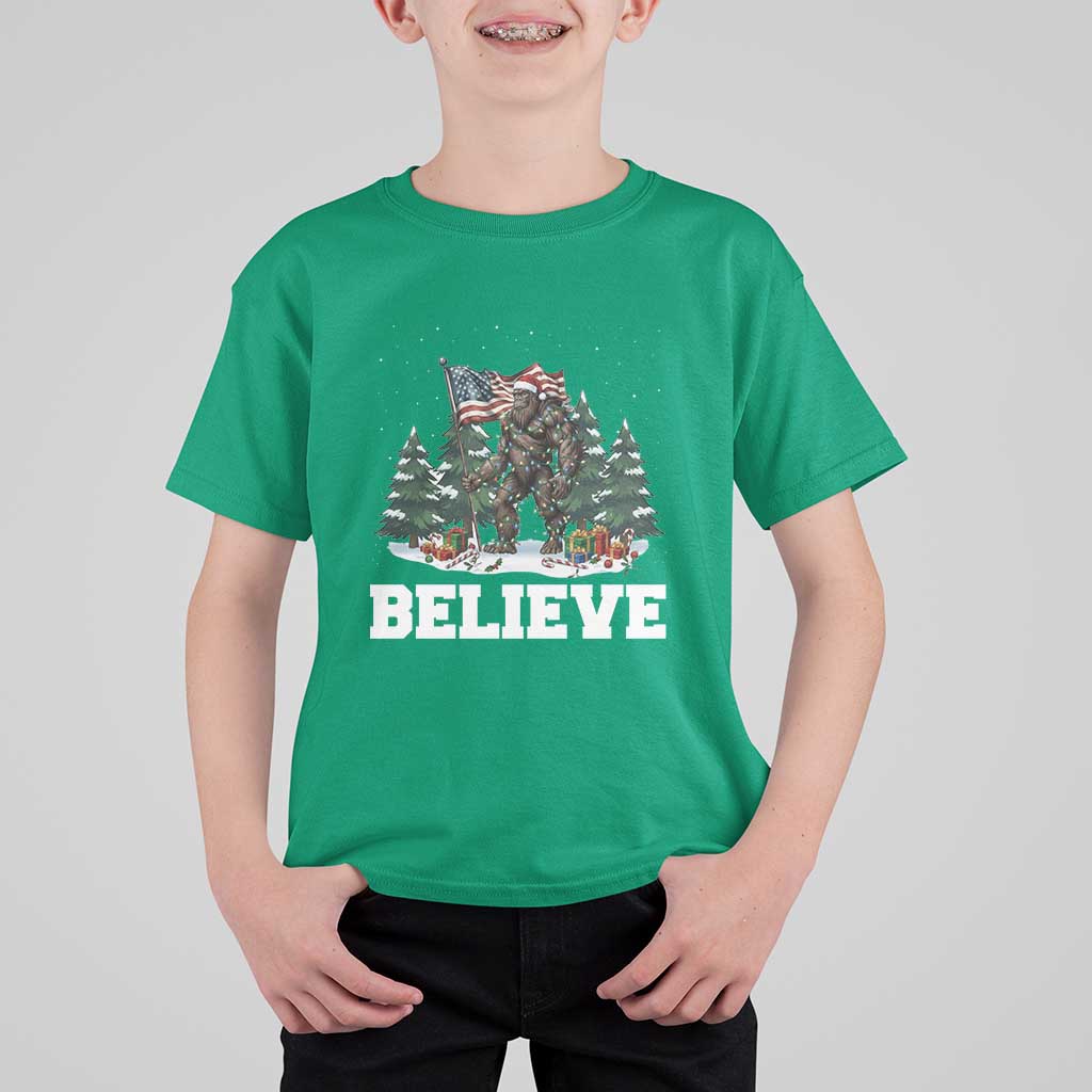 Funny Believe Bigfoot Christmas T Shirt For Kid American Flag Sasquatch Holiday Gift - Wonder Print Shop