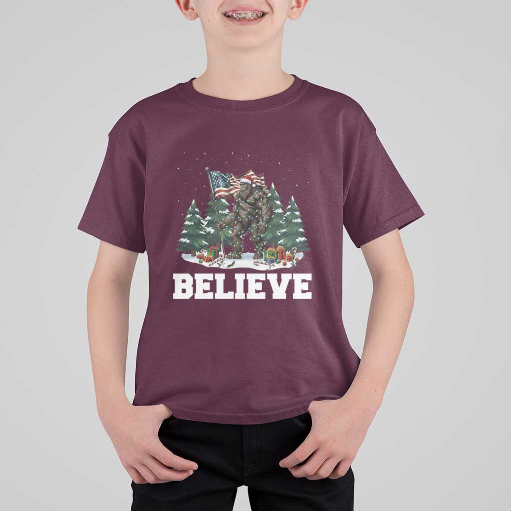 Funny Believe Bigfoot Christmas T Shirt For Kid American Flag Sasquatch Holiday Gift - Wonder Print Shop