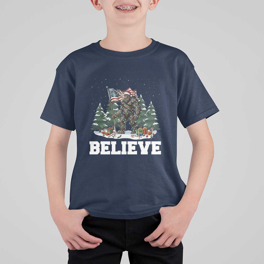 Funny Believe Bigfoot Christmas T Shirt For Kid American Flag Sasquatch Holiday Gift - Wonder Print Shop