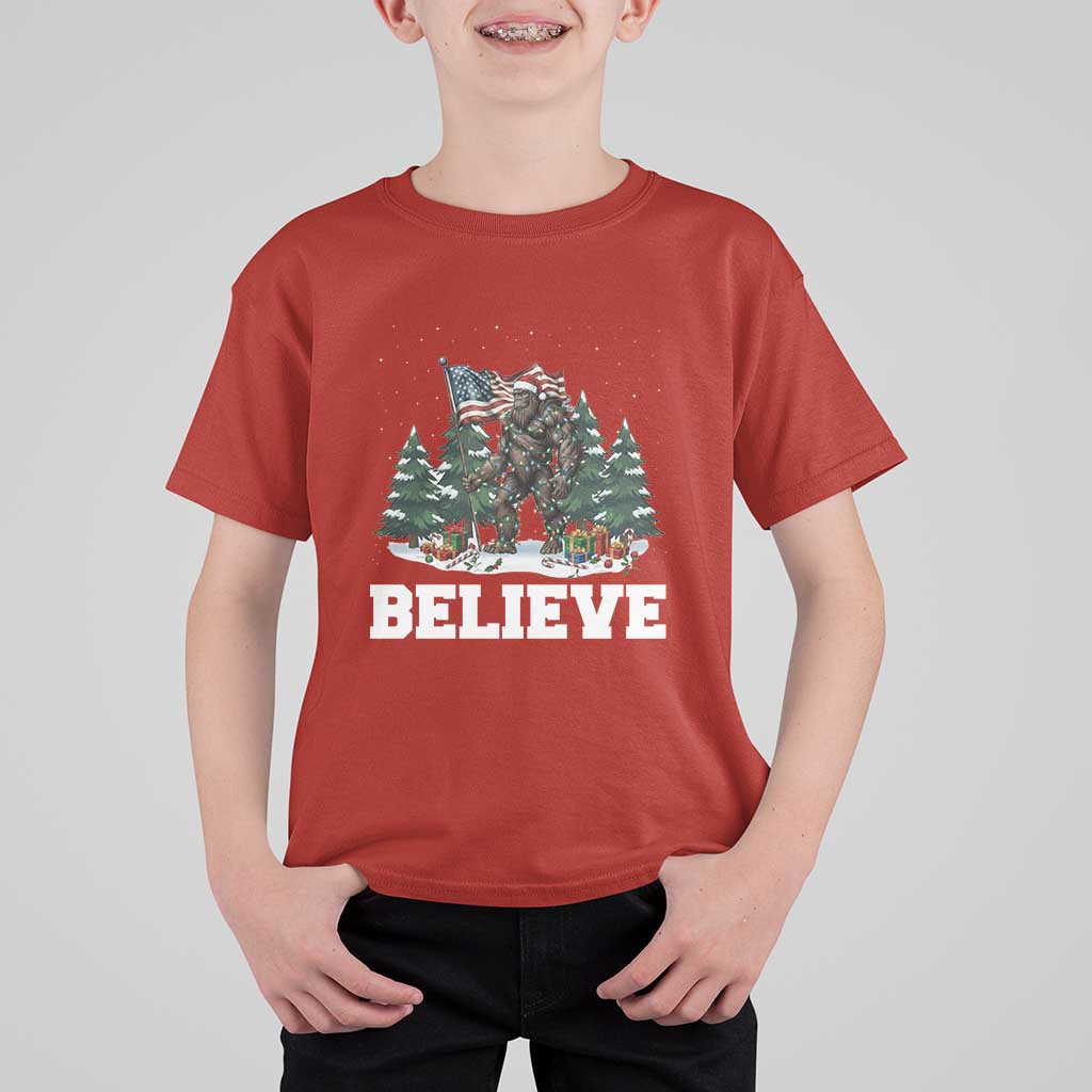 Funny Believe Bigfoot Christmas T Shirt For Kid American Flag Sasquatch Holiday Gift - Wonder Print Shop