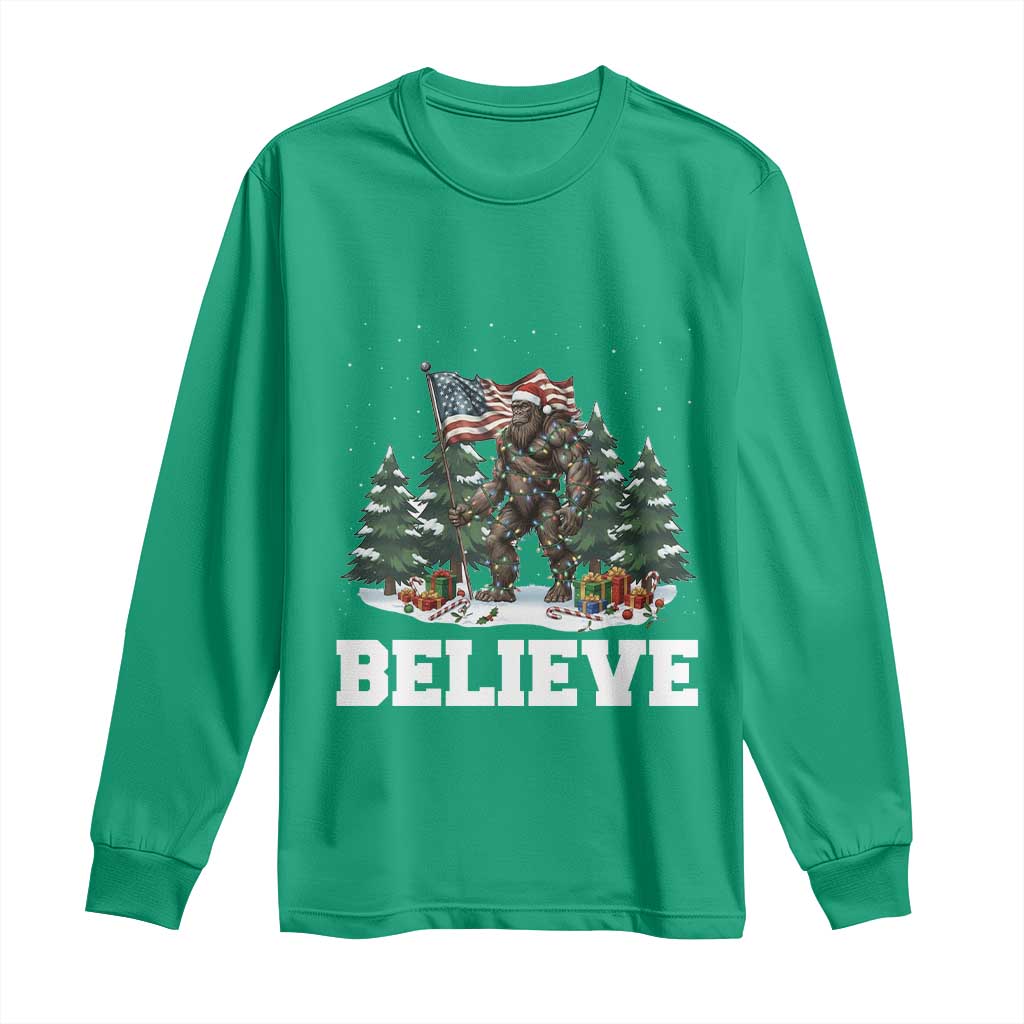 Funny Believe Bigfoot Christmas Long Sleeve Shirt American Flag Sasquatch Holiday Gift - Wonder Print Shop