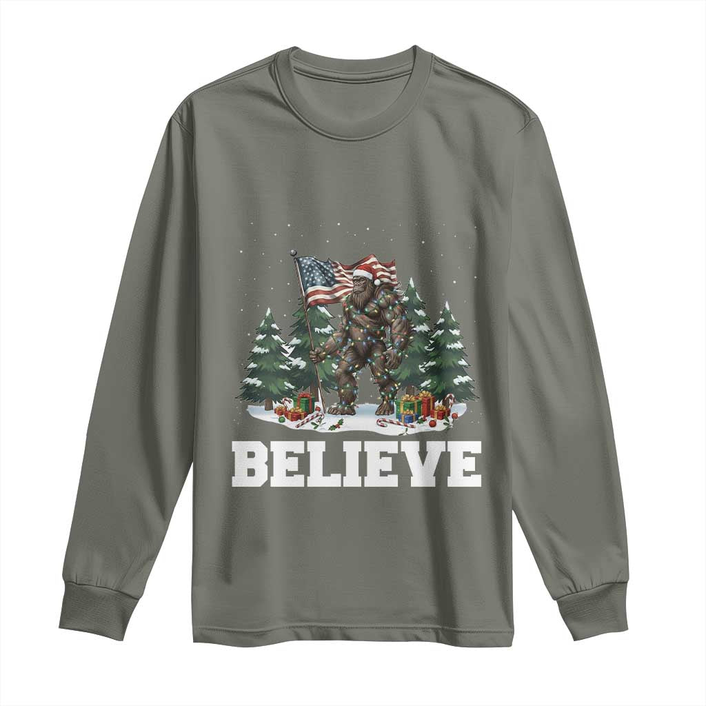 Funny Believe Bigfoot Christmas Long Sleeve Shirt American Flag Sasquatch Holiday Gift - Wonder Print Shop