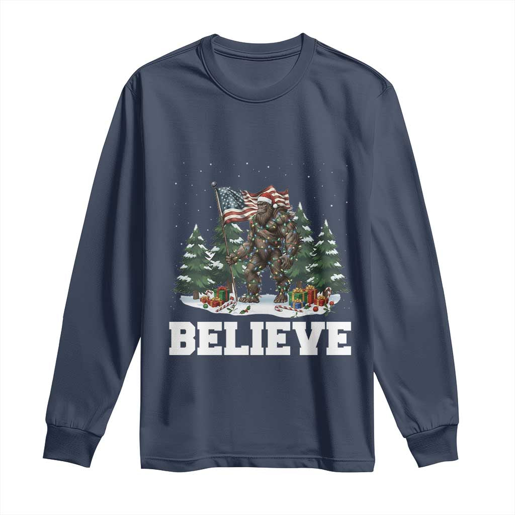 Funny Believe Bigfoot Christmas Long Sleeve Shirt American Flag Sasquatch Holiday Gift - Wonder Print Shop
