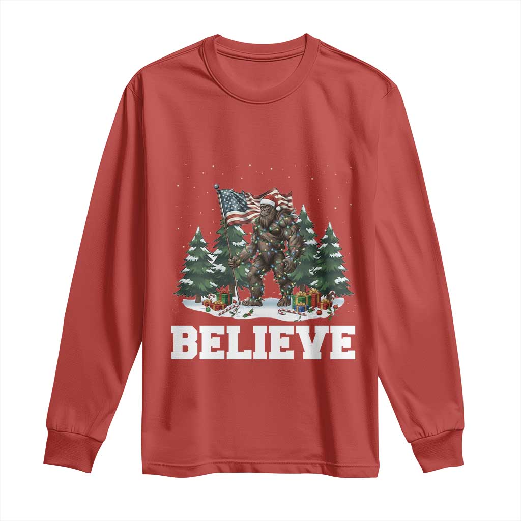 Funny Believe Bigfoot Christmas Long Sleeve Shirt American Flag Sasquatch Holiday Gift - Wonder Print Shop