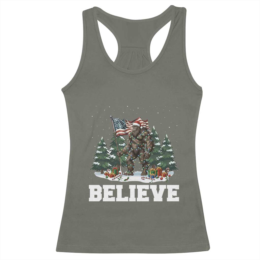 Funny Believe Bigfoot Christmas Racerback Tank Top American Flag Sasquatch Holiday Gift - Wonder Print Shop
