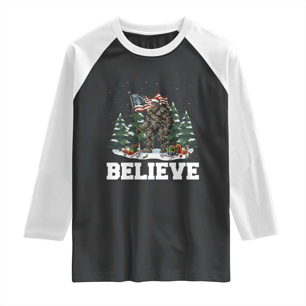 Funny Believe Bigfoot Christmas Raglan Shirt American Flag Sasquatch Holiday Gift - Wonder Print Shop