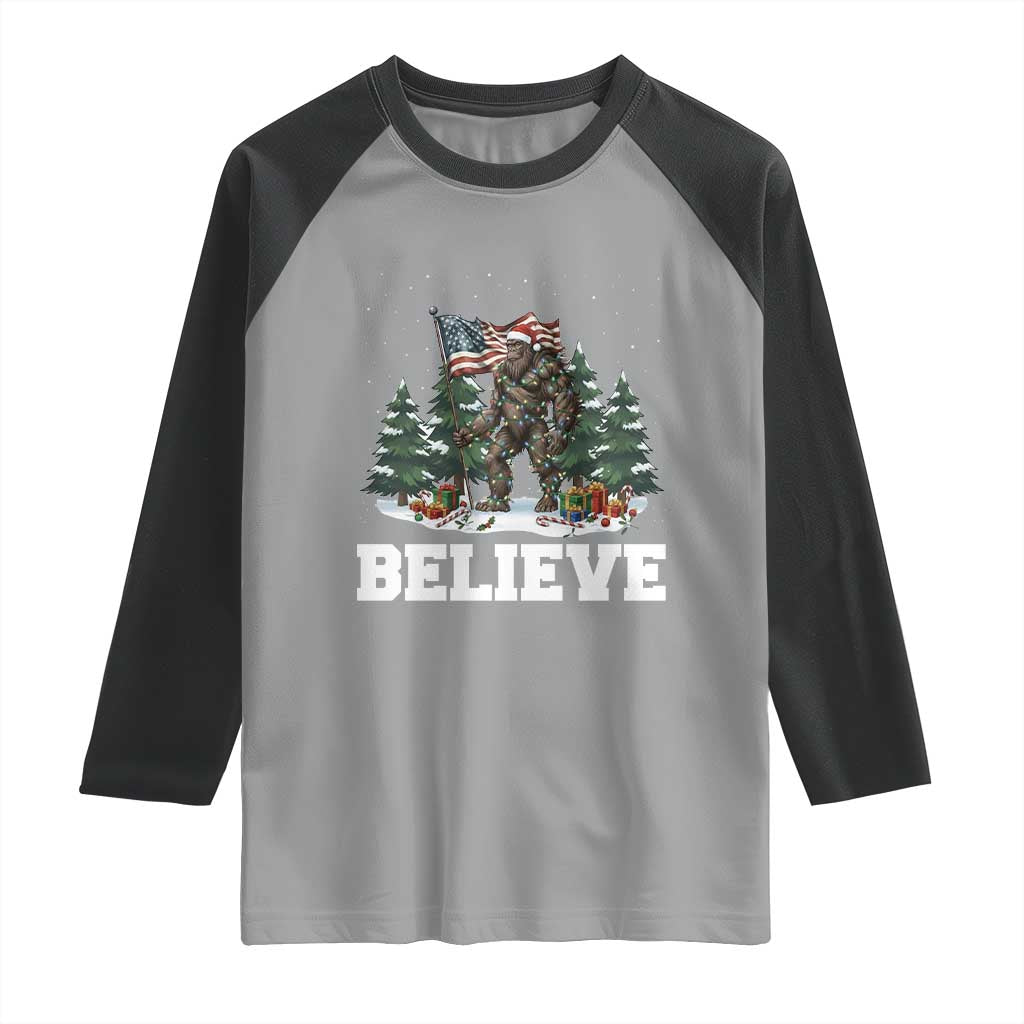 Funny Believe Bigfoot Christmas Raglan Shirt American Flag Sasquatch Holiday Gift - Wonder Print Shop