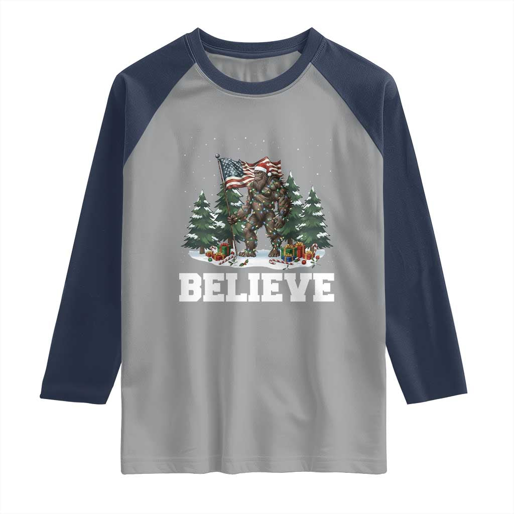Funny Believe Bigfoot Christmas Raglan Shirt American Flag Sasquatch Holiday Gift - Wonder Print Shop