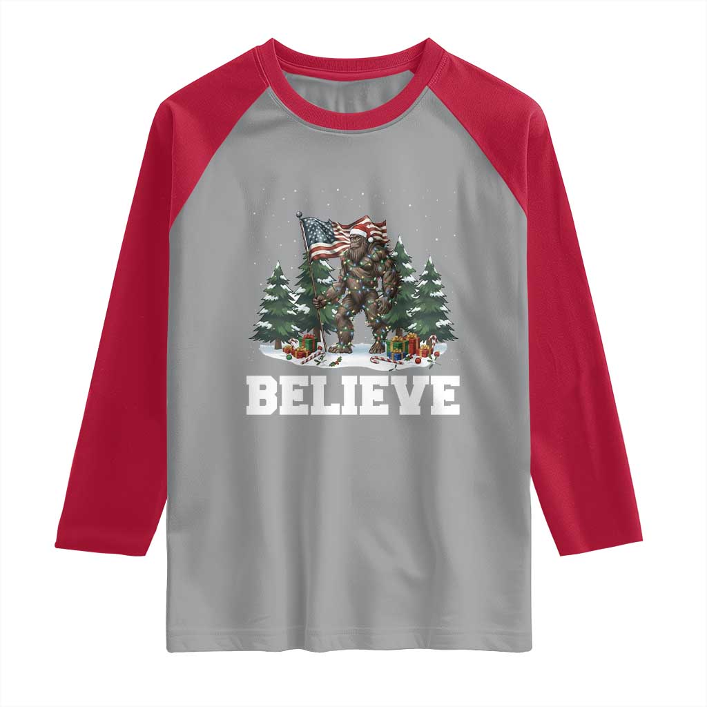 Funny Believe Bigfoot Christmas Raglan Shirt American Flag Sasquatch Holiday Gift - Wonder Print Shop