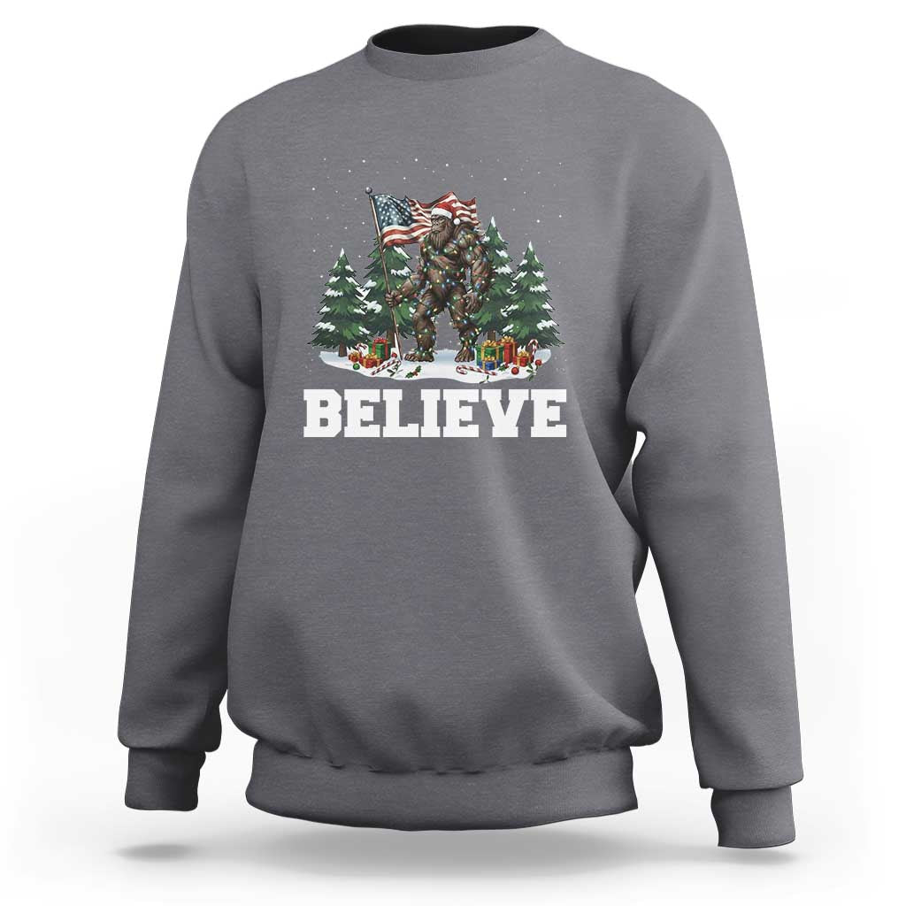 Funny Believe Bigfoot Christmas Sweatshirt American Flag Sasquatch Holiday Gift - Wonder Print Shop