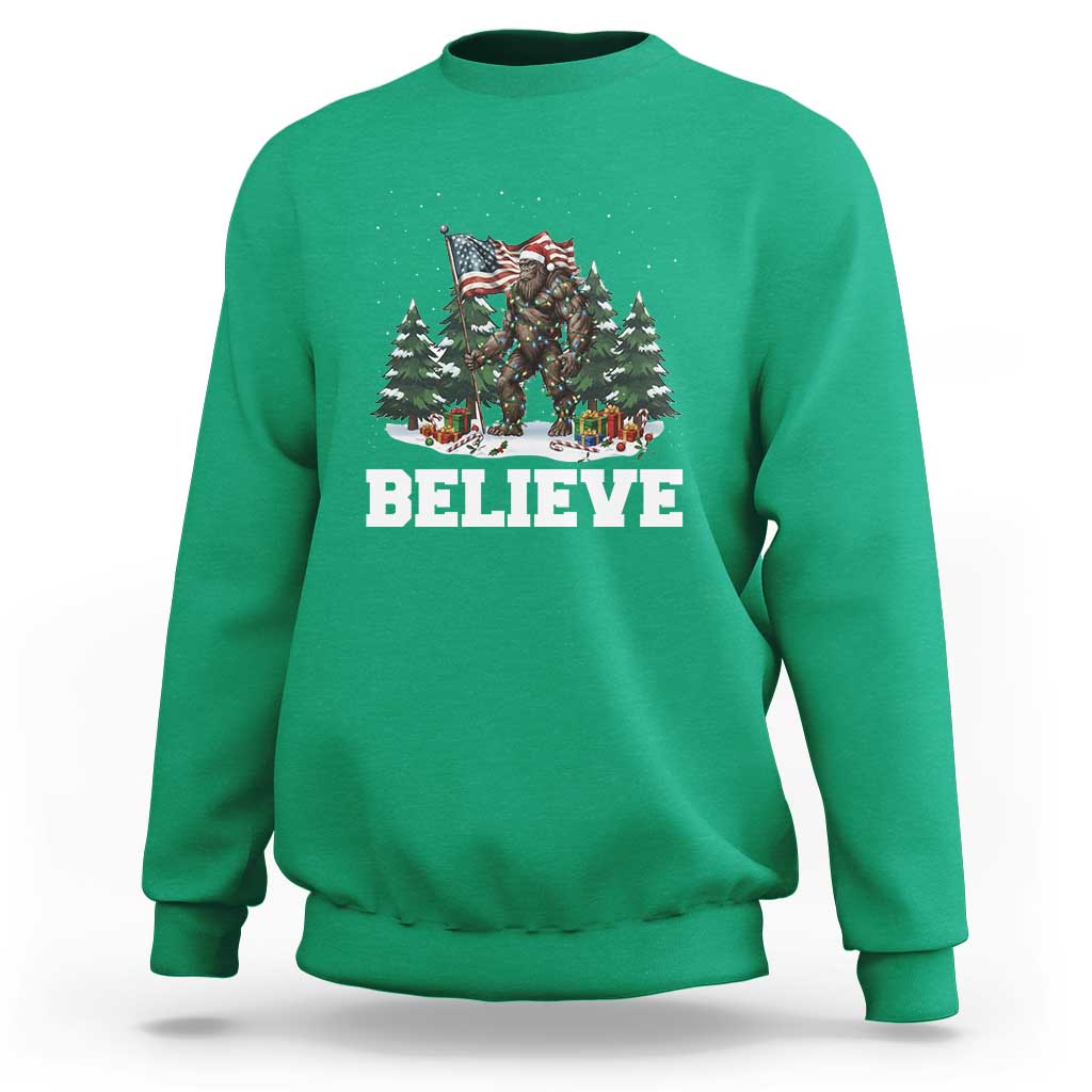 Funny Believe Bigfoot Christmas Sweatshirt American Flag Sasquatch Holiday Gift - Wonder Print Shop