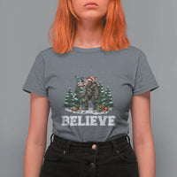 Funny Believe Bigfoot Christmas T Shirt For Women American Flag Sasquatch Holiday Gift - Wonder Print Shop
