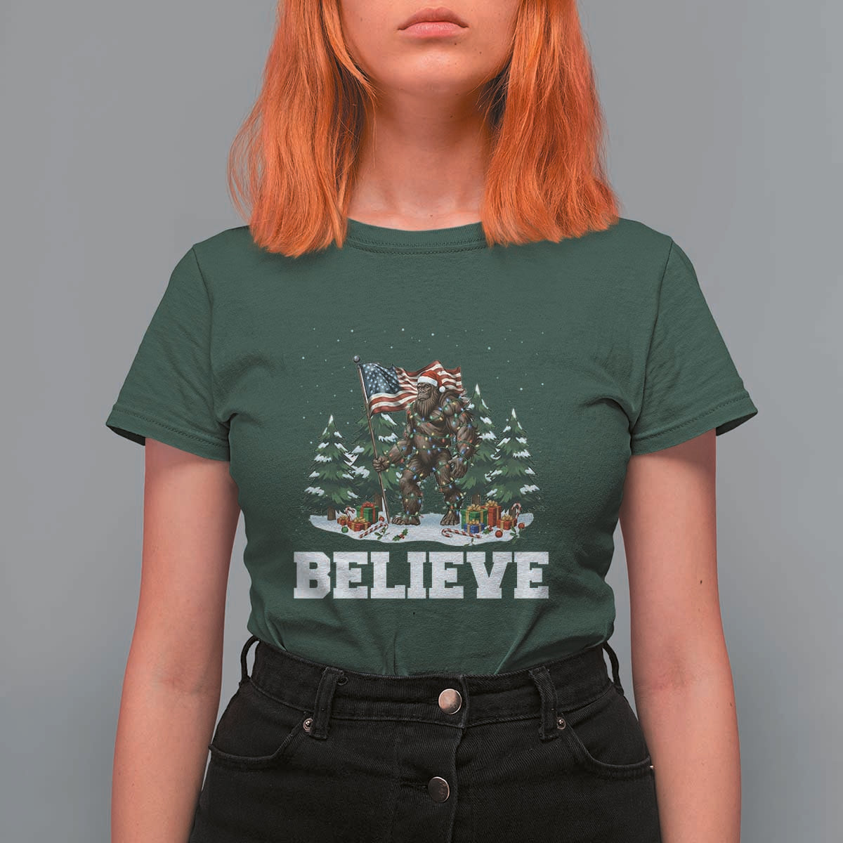 Funny Believe Bigfoot Christmas T Shirt For Women American Flag Sasquatch Holiday Gift - Wonder Print Shop
