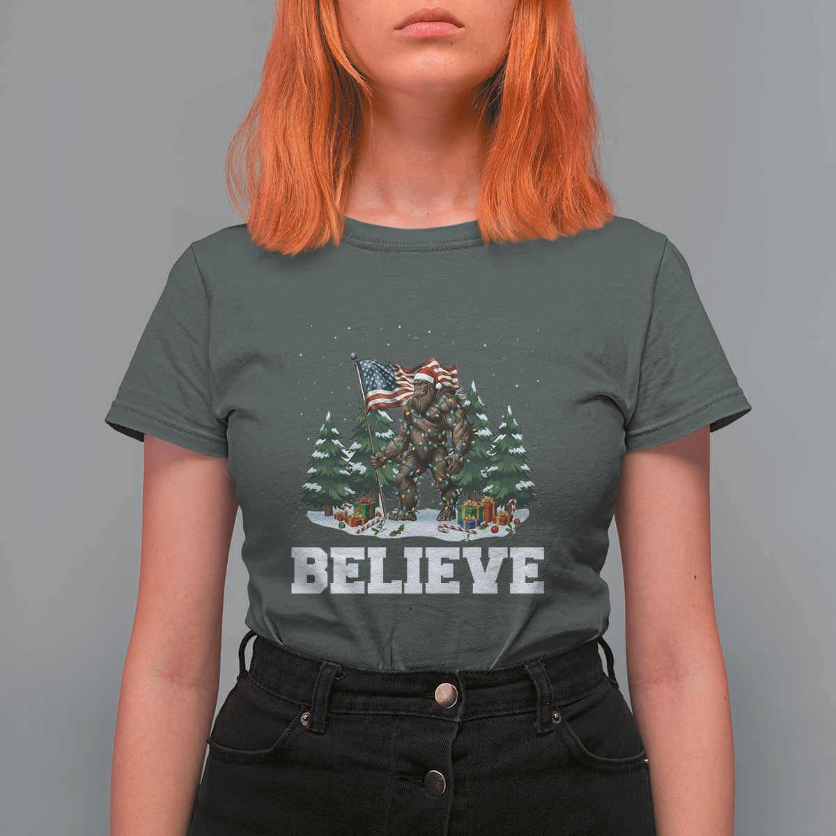 Funny Believe Bigfoot Christmas T Shirt For Women American Flag Sasquatch Holiday Gift - Wonder Print Shop