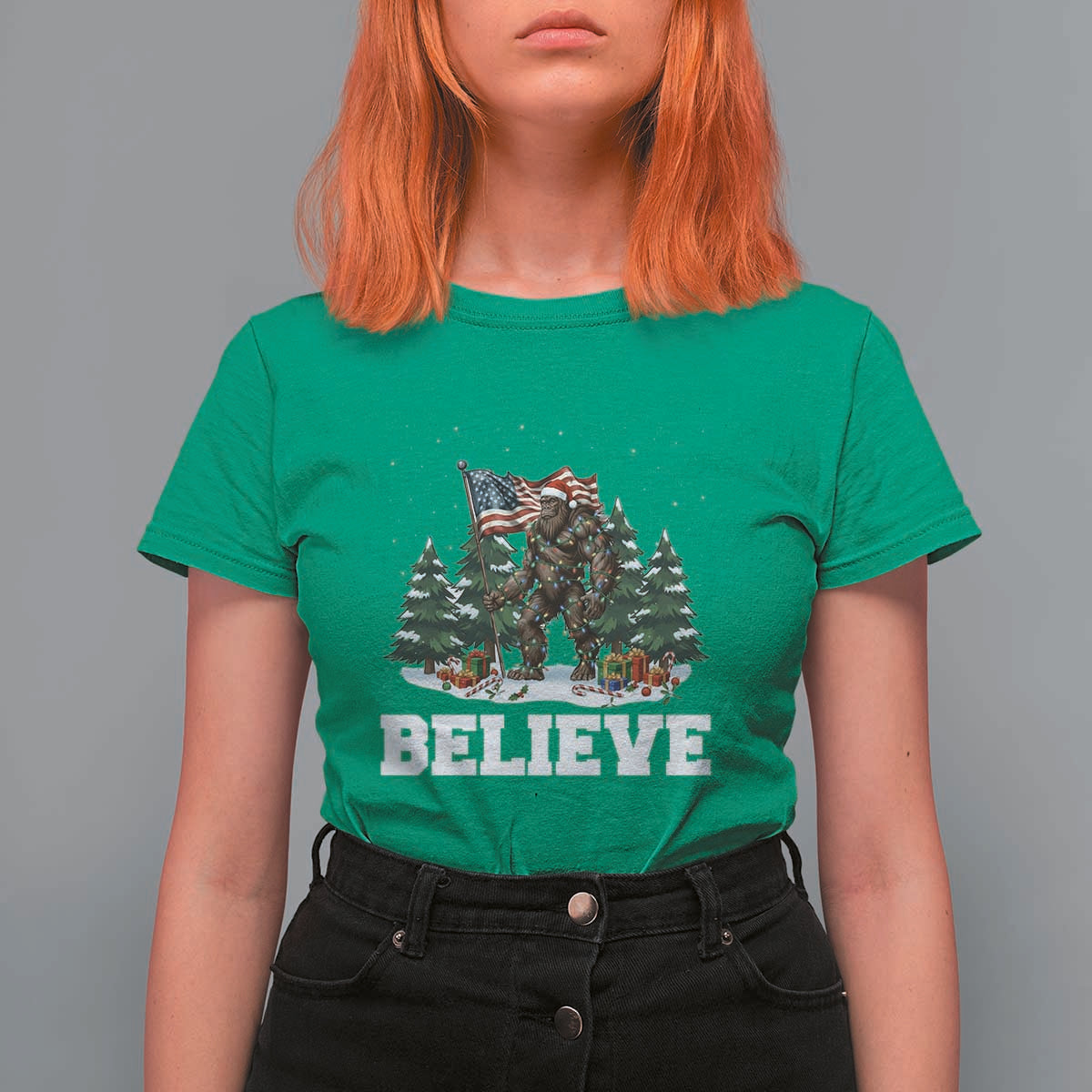 Funny Believe Bigfoot Christmas T Shirt For Women American Flag Sasquatch Holiday Gift - Wonder Print Shop