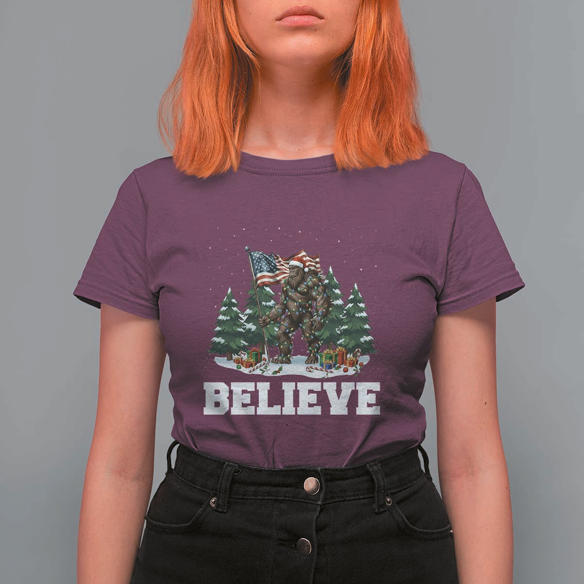 Funny Believe Bigfoot Christmas T Shirt For Women American Flag Sasquatch Holiday Gift - Wonder Print Shop
