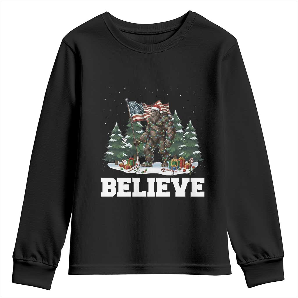 Funny Believe Bigfoot Christmas Youth Sweatshirt American Flag Sasquatch Holiday Gift - Wonder Print Shop