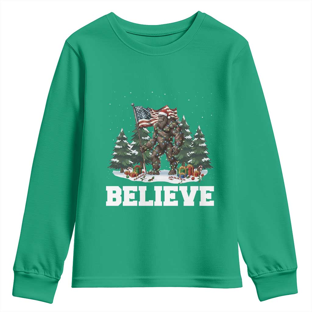 Funny Believe Bigfoot Christmas Youth Sweatshirt American Flag Sasquatch Holiday Gift - Wonder Print Shop