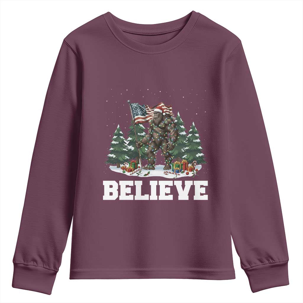 Funny Believe Bigfoot Christmas Youth Sweatshirt American Flag Sasquatch Holiday Gift - Wonder Print Shop