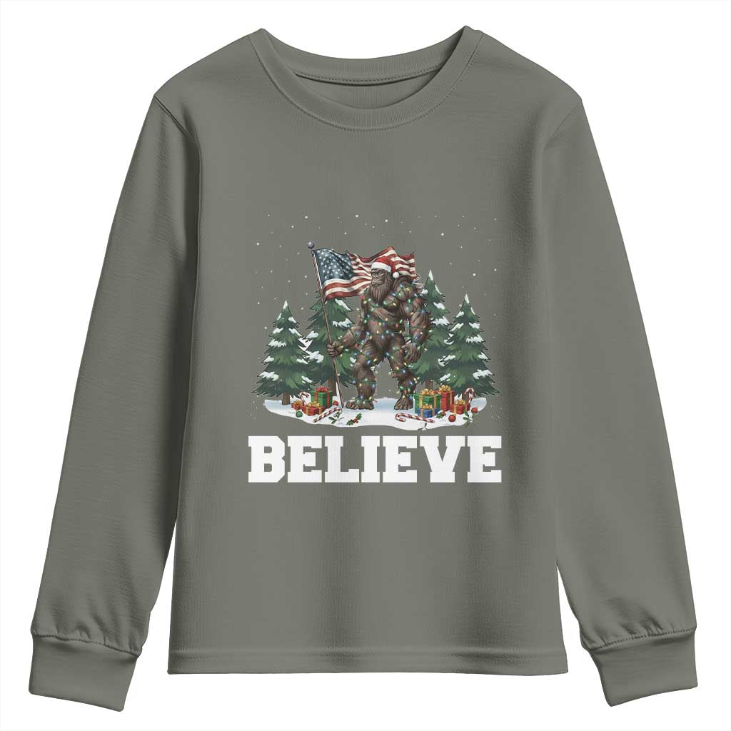 Funny Believe Bigfoot Christmas Youth Sweatshirt American Flag Sasquatch Holiday Gift - Wonder Print Shop