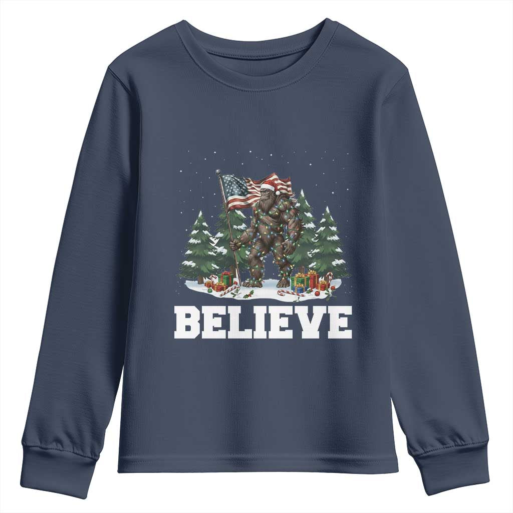 Funny Believe Bigfoot Christmas Youth Sweatshirt American Flag Sasquatch Holiday Gift - Wonder Print Shop