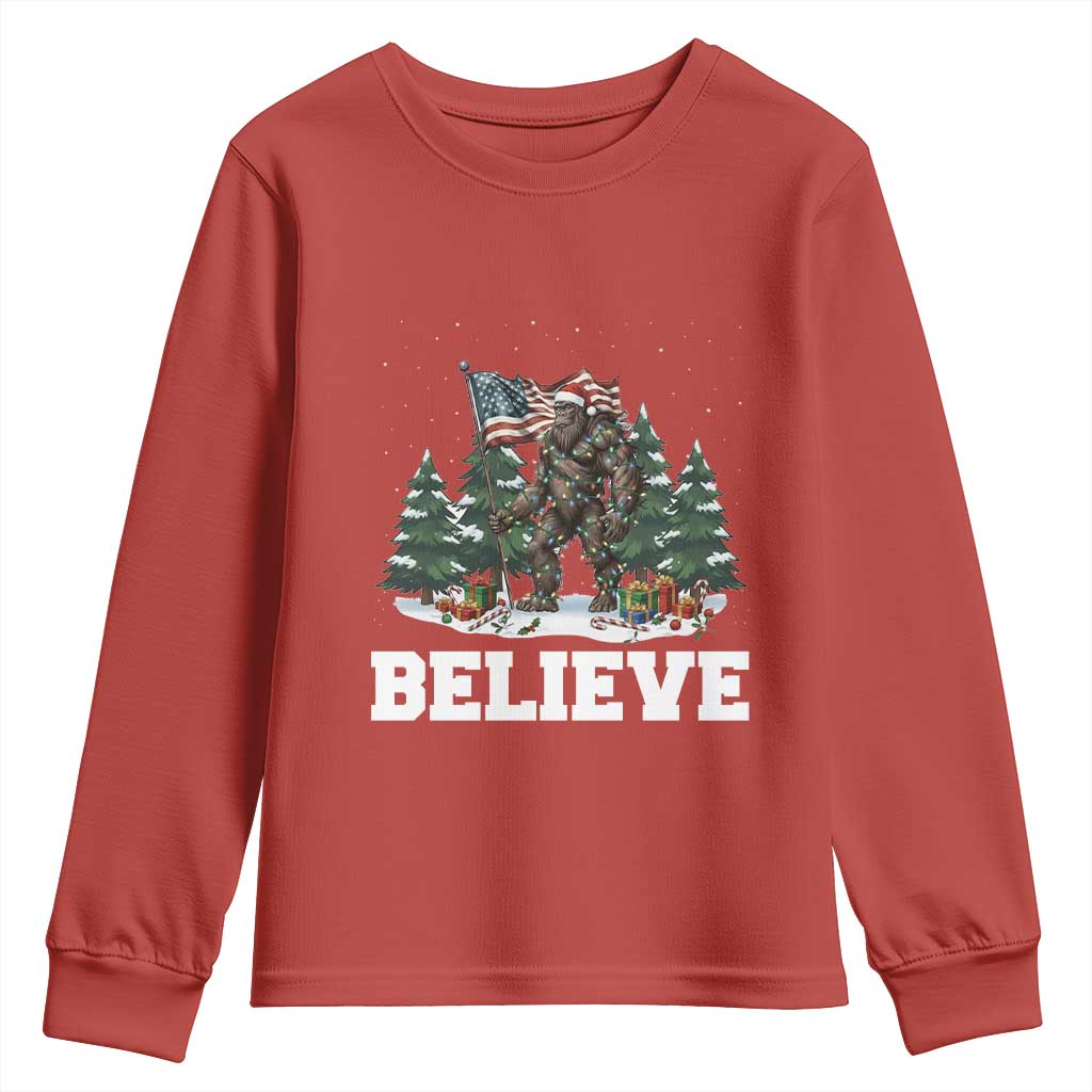 Funny Believe Bigfoot Christmas Youth Sweatshirt American Flag Sasquatch Holiday Gift - Wonder Print Shop