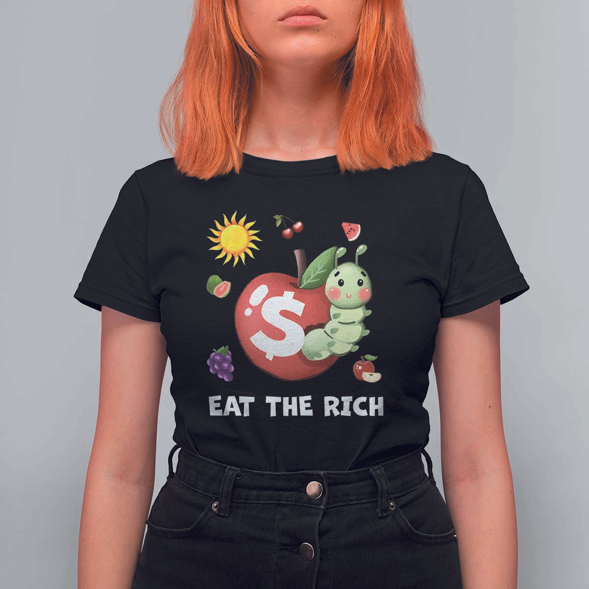 Funny Eat The Rich T Shirt For Women Hungry Caterpillar Fruit Social Activist