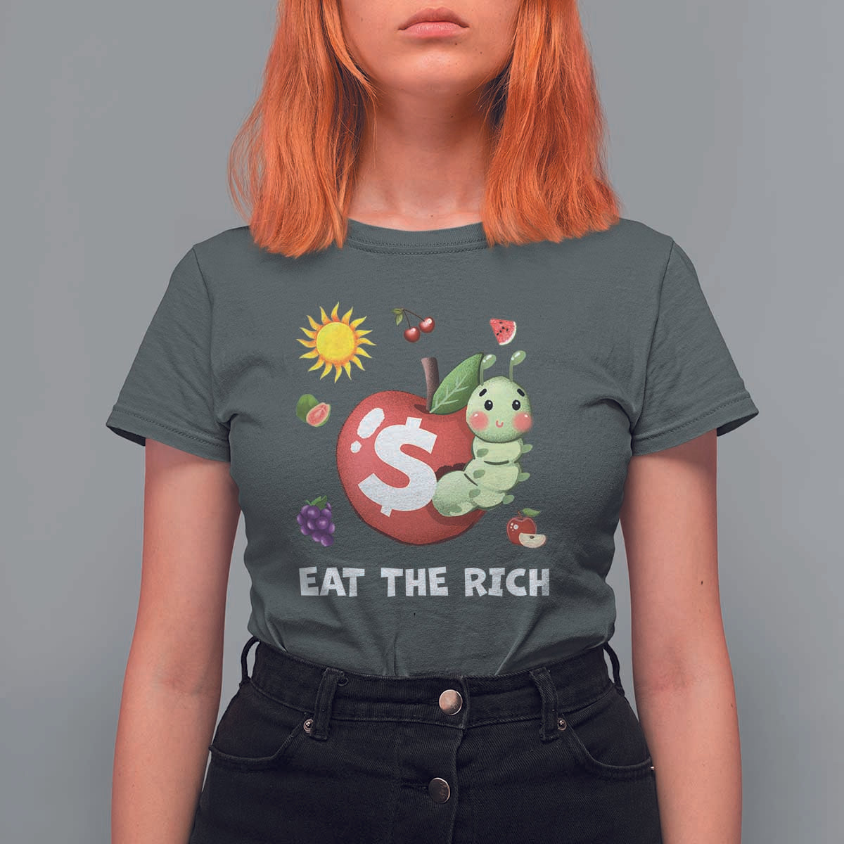 Funny Eat The Rich T Shirt For Women Hungry Caterpillar Fruit Social Activist