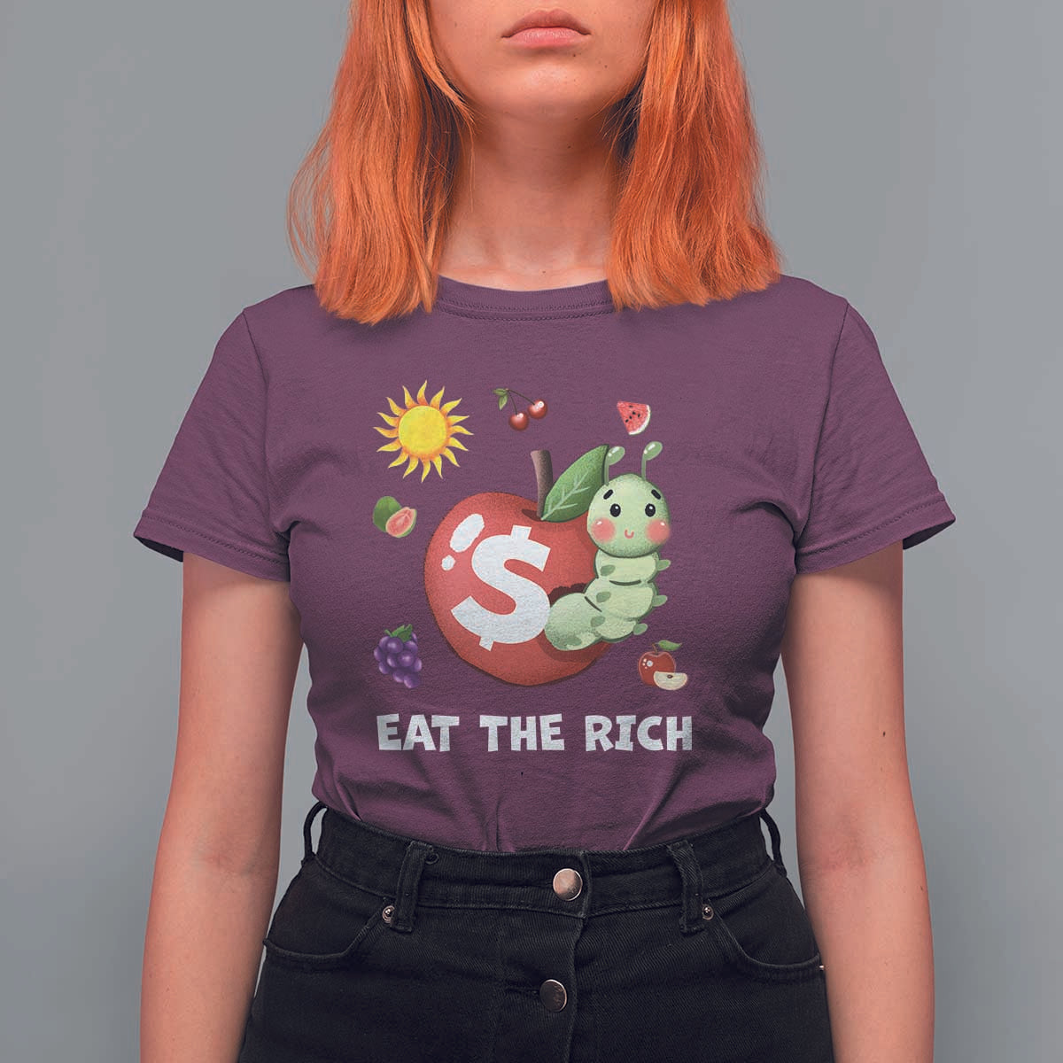 Funny Eat The Rich T Shirt For Women Hungry Caterpillar Fruit Social Activist