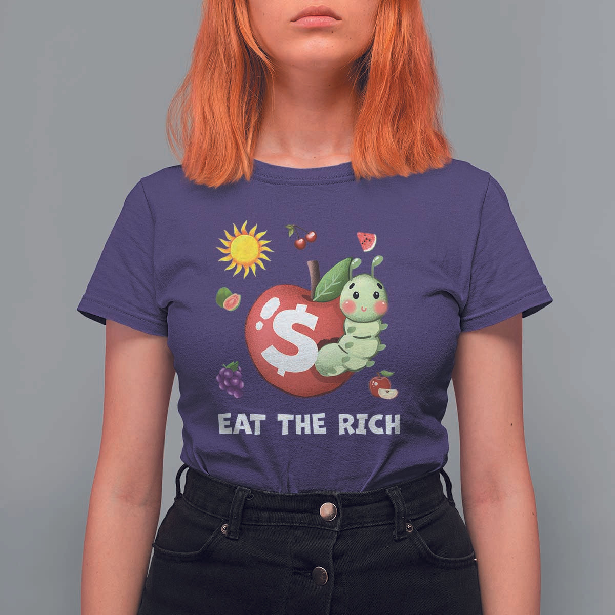 Funny Eat The Rich T Shirt For Women Hungry Caterpillar Fruit Social Activist
