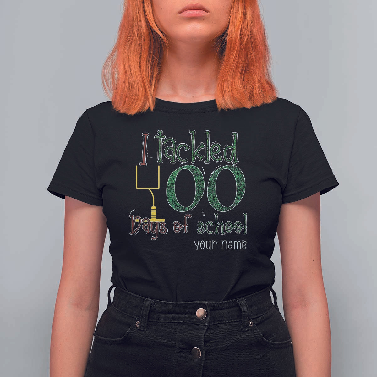 Personalized 100TH Day Of School Football T Shirt For Women Custom Text I Tackled 100 Days Of School