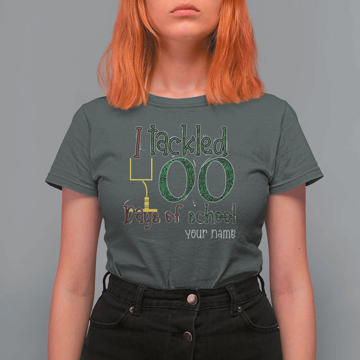 Personalized 100TH Day Of School Football T Shirt For Women Custom Text I Tackled 100 Days Of School