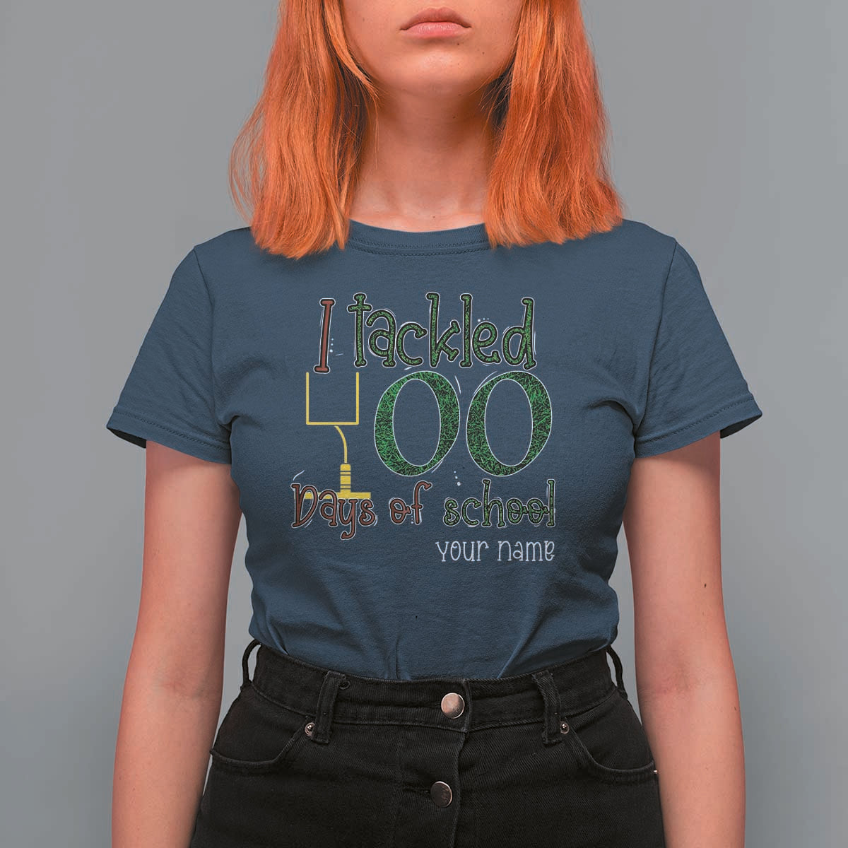 Personalized 100TH Day Of School Football T Shirt For Women Custom Text I Tackled 100 Days Of School