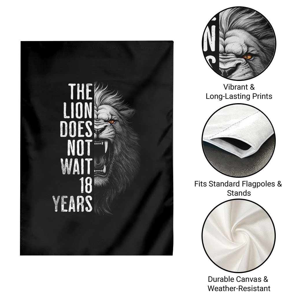 Funny The Lion Does Not Wait 18 Years Garden Flag Lion Meme Gen Z Alpha - Wonder Print Shop