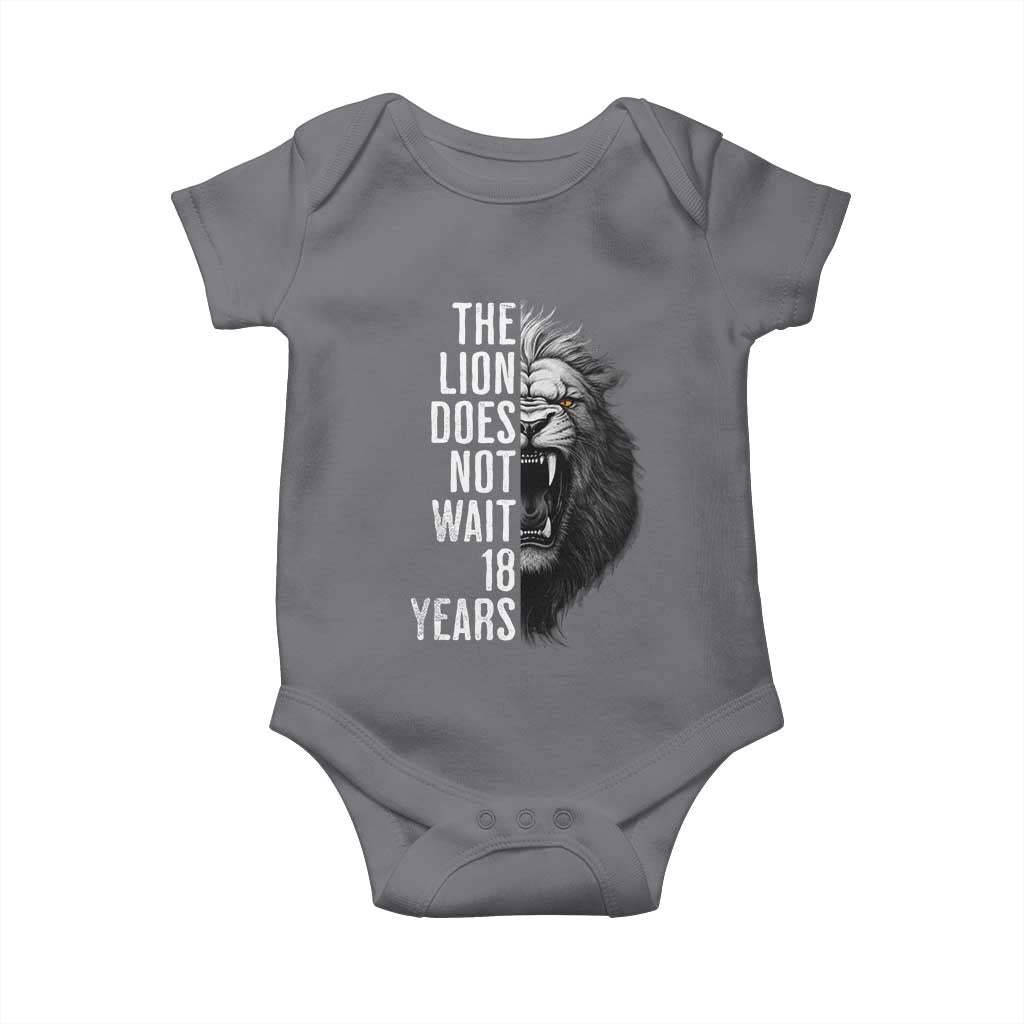 Funny The Lion Does Not Wait 18 Years Baby Onesie Lion Meme Gen Z Alpha - Wonder Print Shop
