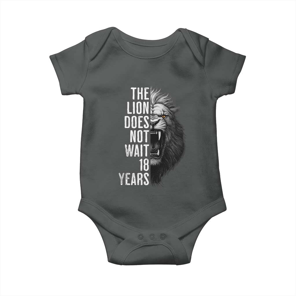 Funny The Lion Does Not Wait 18 Years Baby Onesie Lion Meme Gen Z Alpha - Wonder Print Shop