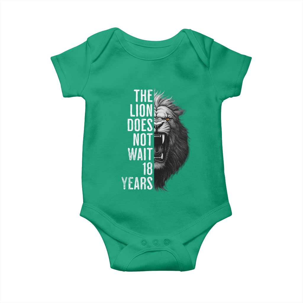 Funny The Lion Does Not Wait 18 Years Baby Onesie Lion Meme Gen Z Alpha - Wonder Print Shop