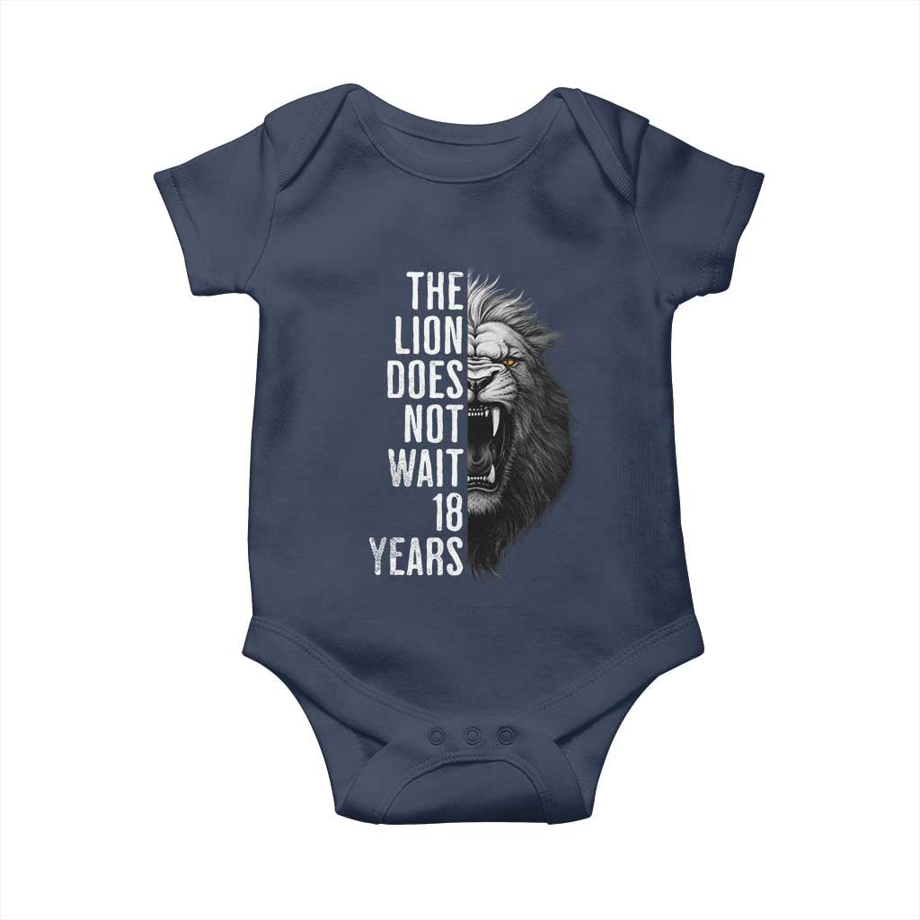 Funny The Lion Does Not Wait 18 Years Baby Onesie Lion Meme Gen Z Alpha - Wonder Print Shop