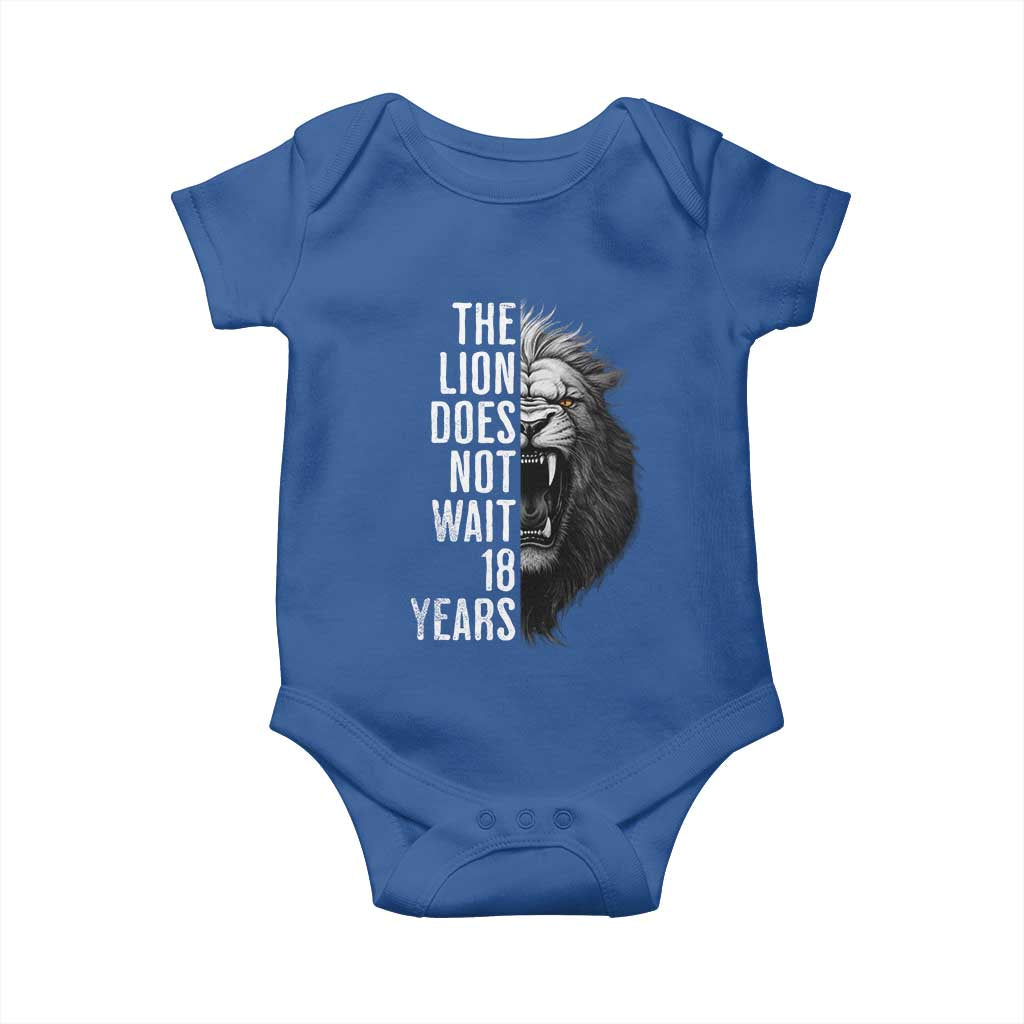 Funny The Lion Does Not Wait 18 Years Baby Onesie Lion Meme Gen Z Alpha - Wonder Print Shop