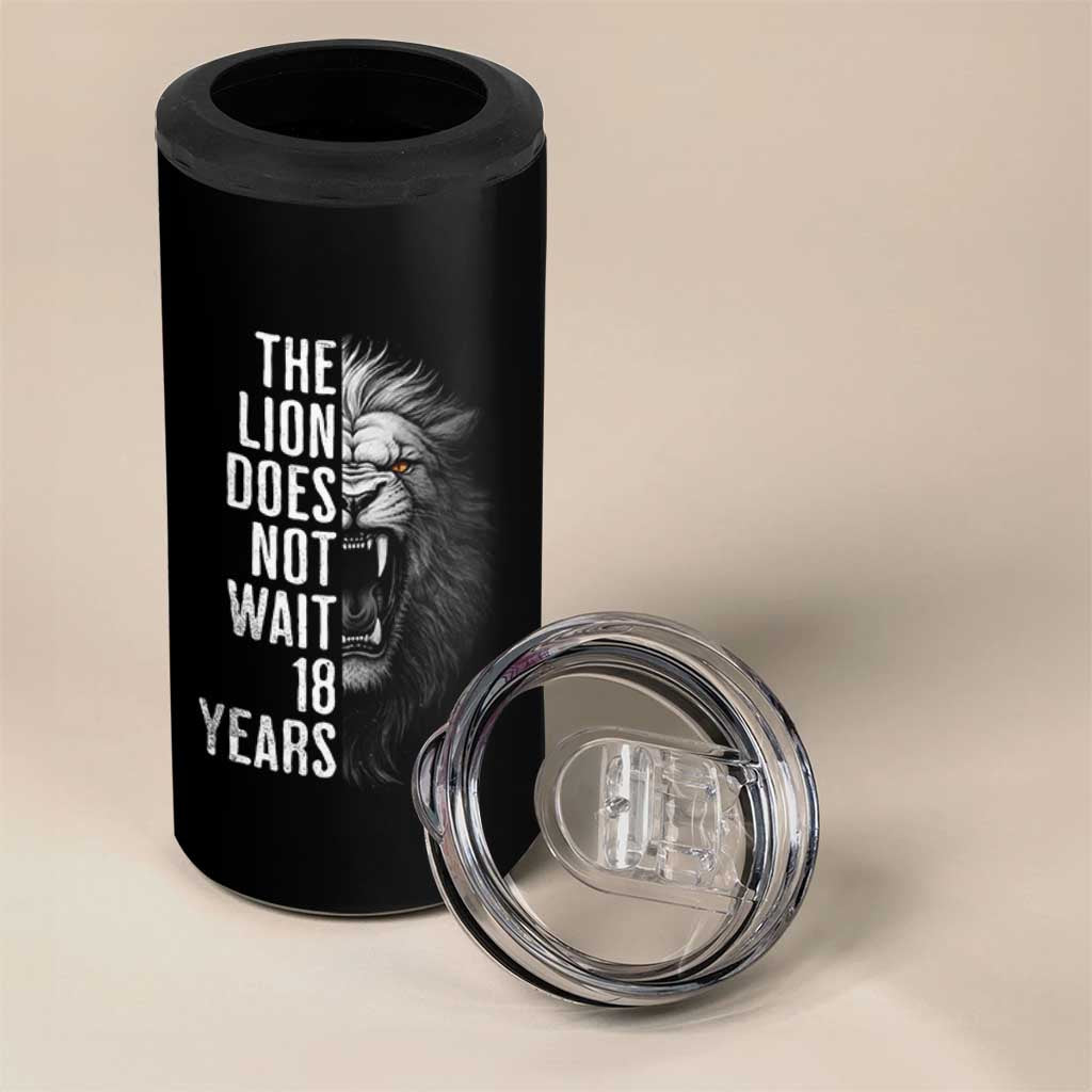 Funny The Lion Does Not Wait 18 Years 4 in 1 Can Cooler Tumbler Lion Meme Gen Z Alpha - Wonder Print Shop