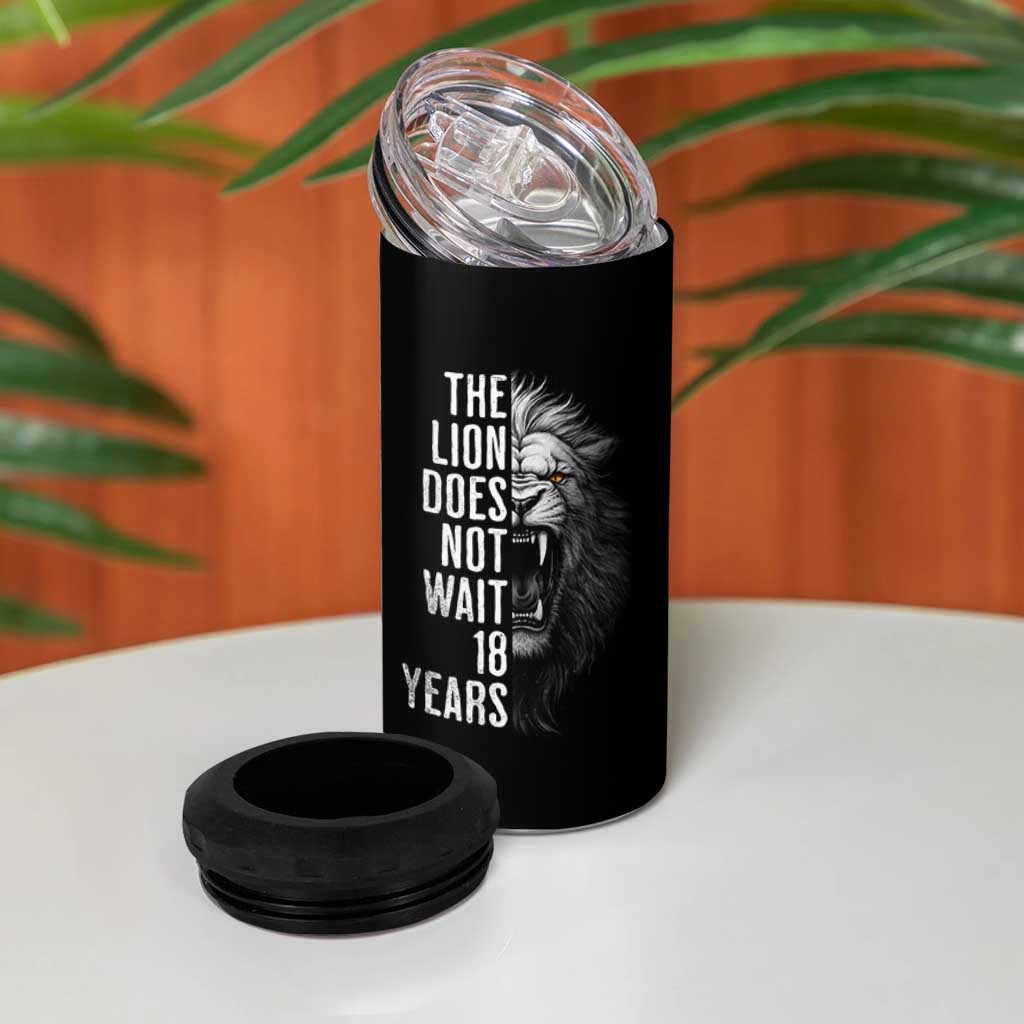 Funny The Lion Does Not Wait 18 Years 4 in 1 Can Cooler Tumbler Lion Meme Gen Z Alpha - Wonder Print Shop