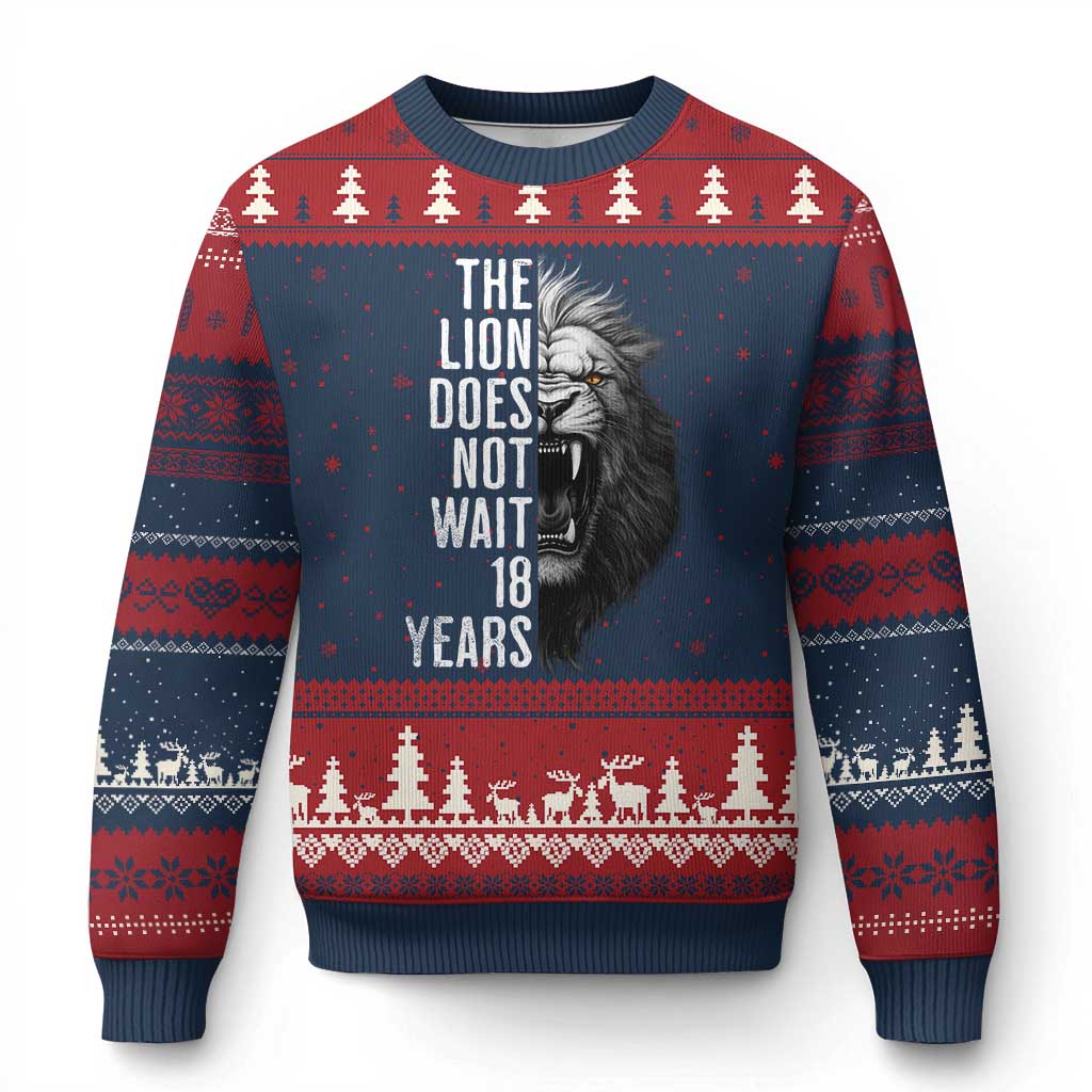 Funny The Lion Does Not Wait 18 Years Ugly Christmas Sweater Lion Meme Gen Z Alpha - Wonder Print Shop