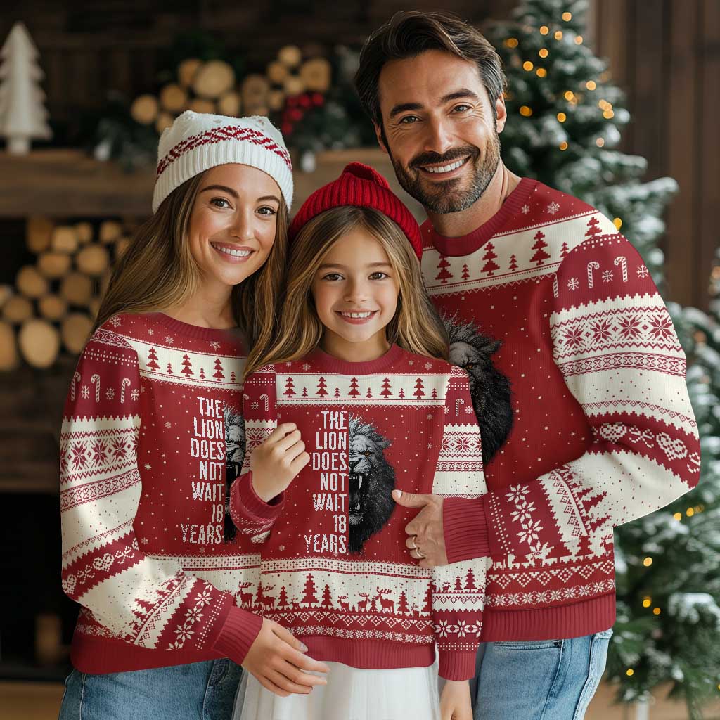 Funny The Lion Does Not Wait 18 Years Ugly Christmas Sweater Lion Meme Gen Z Alpha - Wonder Print Shop