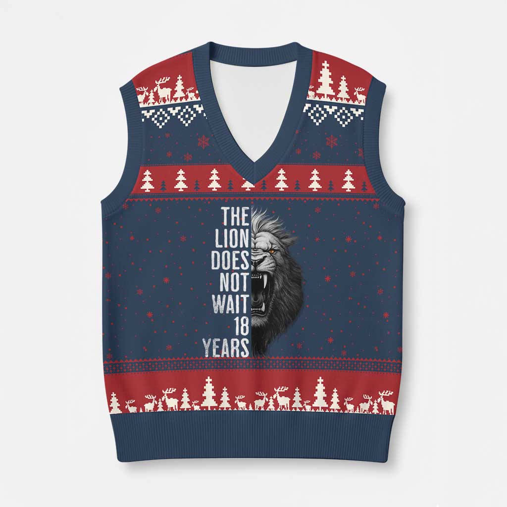 Funny The Lion Does Not Wait 18 Years V-Neck Knit Sweater Vest Lion Meme Gen Z Alpha - Wonder Print Shop