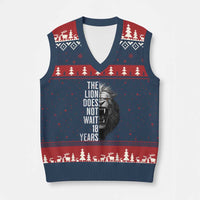 Funny The Lion Does Not Wait 18 Years V-Neck Knit Sweater Vest Lion Meme Gen Z Alpha - Wonder Print Shop
