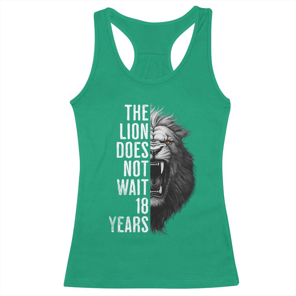 Funny The Lion Does Not Wait 18 Years Racerback Tank Top Lion Meme Gen Z Alpha - Wonder Print Shop